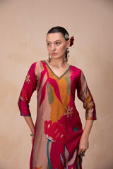 Red V Shape Printed Kurta Set with Dupatta